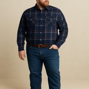 Ely Cattleman Men’s 3XLT Navy Plaid Western Snap Shirt Long Sleeve NWT